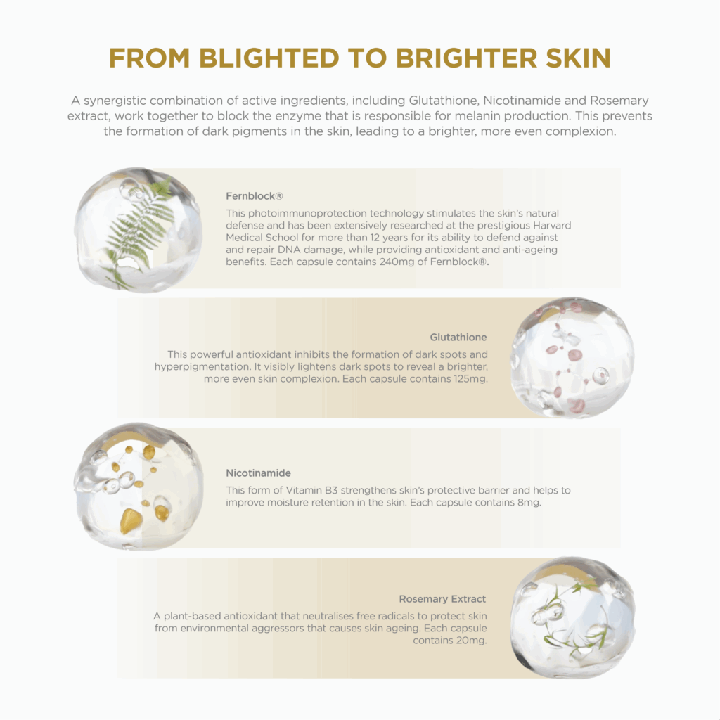 Breakdown of key ingredients in Heliocare Luminance Brightening Supplement: Fernblock®, Glutathione, Nicotinamide, and Rosemary Extract—each contributing to skin brightening, antioxidant protection, and reduced hyperpigmentation for a more radiant complexion