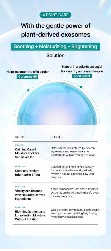 exome calming cream Soothing + Moisturizing + Brightening gentle power of plant derived exosome