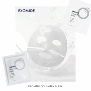 Exomide Collagen Mask product display featuring sheet mask, packaging, and key benefits including whitening, antioxidant care, rejuvenation, and calming.
