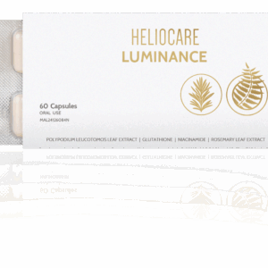 showcase box and capsule of Heliocare Luminance Brightening Supplement: Fernblock®, Glutathione, Nicotinamide, and Rosemary Extract