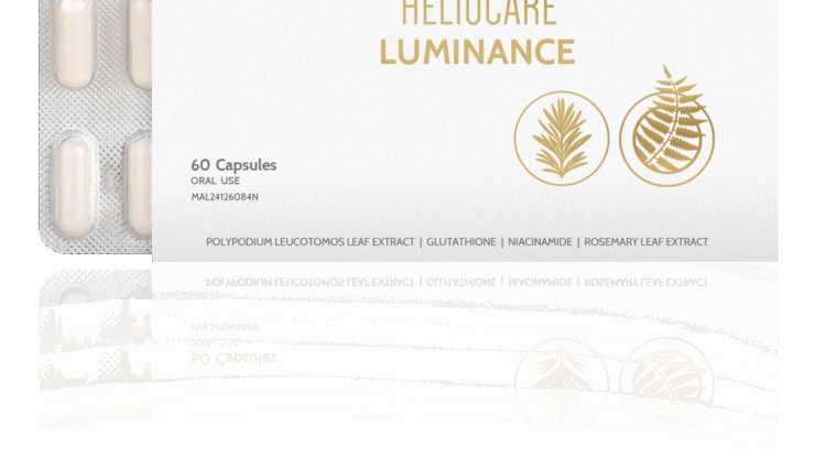 showcase box and capsule of Heliocare Luminance Brightening Supplement: Fernblock®, Glutathione, Nicotinamide, and Rosemary Extract