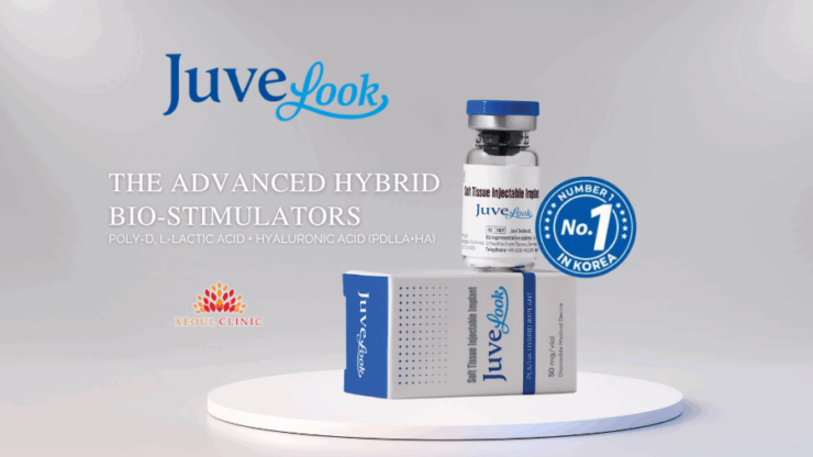 JuveLook Skin Booster vial and box displaying PDLLA + hyaluronic acid formula for collagen stimulation and skin rejuvenation booster.