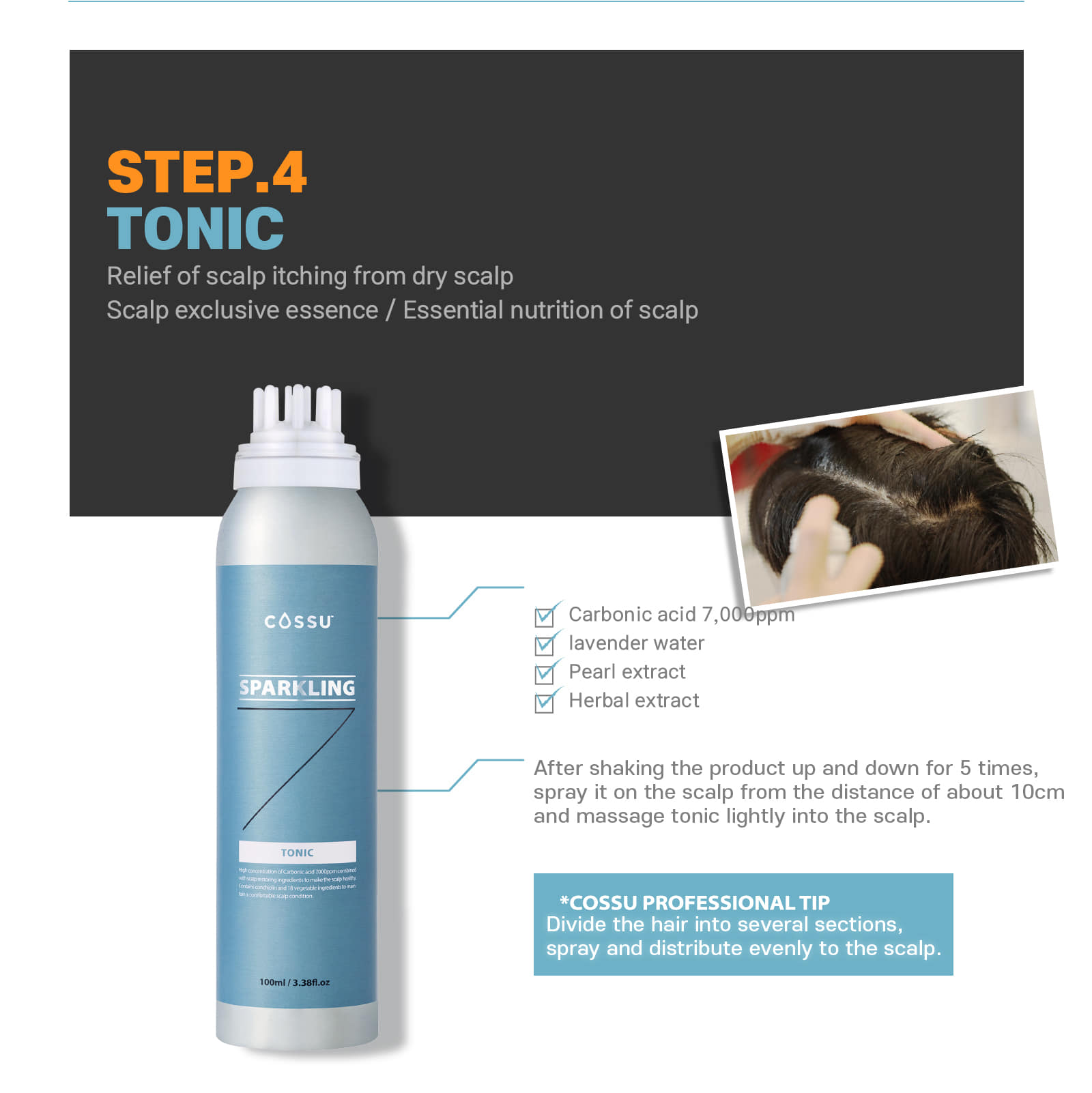 COSSU Sparkling7 hair care routine with shampoo and tonic for healthy scalp • Scalp care system for detox and hair regrowth using COSSU Sparkling7 products • COSSU Sparkling7 carbonic acid shampoo and tonic set on vanity