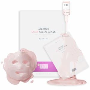 Stemide Over Facial Mask with bio-cellulose sheet and packaging, designed for post-procedure recovery using exosomes and skin-renewing growth factors.